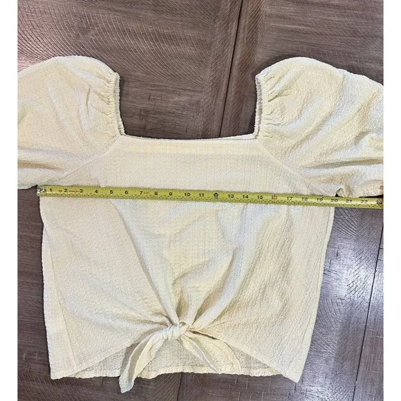 LOFT Women’s Square Neck Tie Front Soft Yellow Blouse Puff Sleeve Top Size M - Picture 11 of 14
